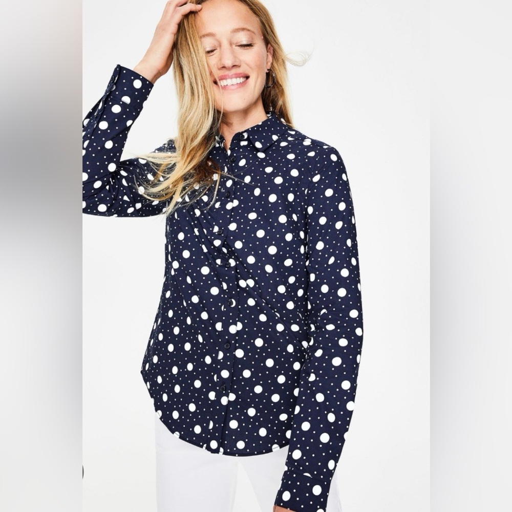 Boden Navy and White Polka Dot Moon Full Cotton Natural Fiber Button-Down Shirt